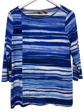 Chico’s Easywear Women’s Top Artisan Size 0 Blue Stripe Nautical Costal Grandma